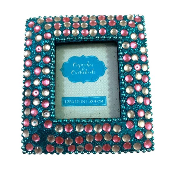 VTG Cupcakes & Cartwheels Micro Picture Frame Blue Pink Crystals 1.25x1.5 Photo - Picture 4 of 7